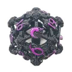 Old School Dice: Hollow Metal D20 Spindown -Skull - Black Nickel with Purple